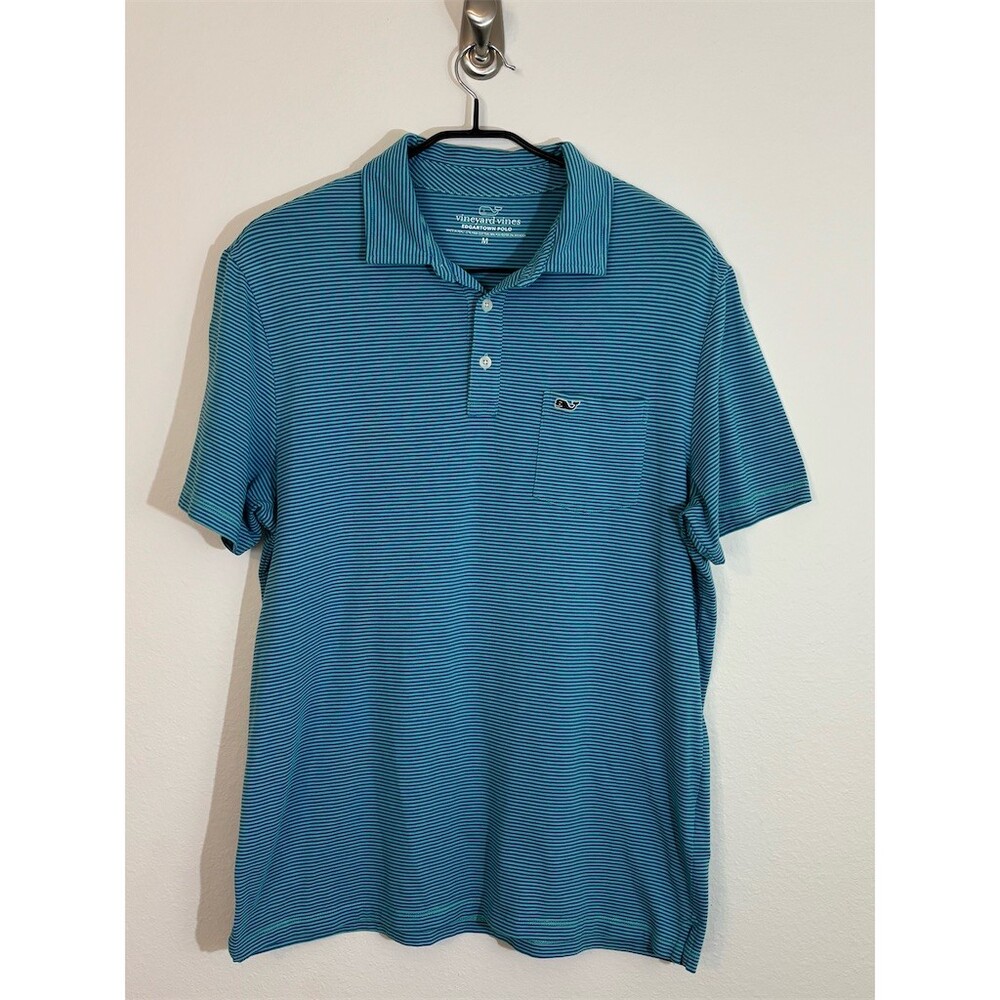 Vineyard Vines Edgartown Polo Shirt Mens M Blue Green Stripe Pocket Logo